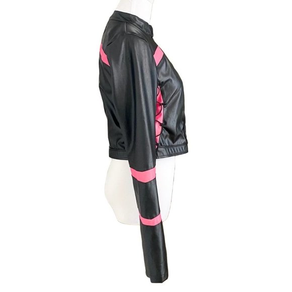 I AM GIA VIXON BLACK PINK FAUX LEATHER LACE UP CROPPED MOTO TOP JACKET - M - Picture 3 of 11